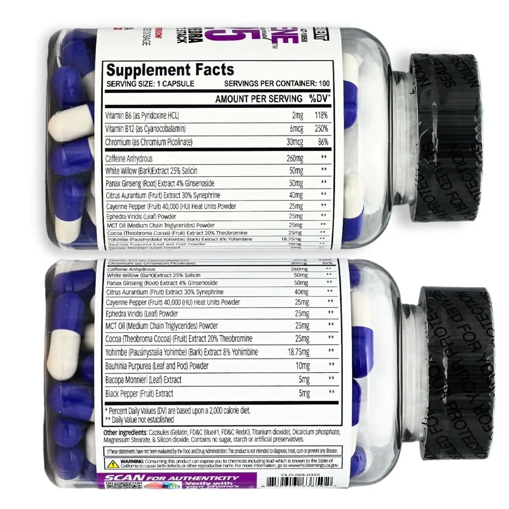 Methyldrene Elite 25 ingredients panel with dosages Methyldrene Elite 25 ingredients panel showing 260 mg caffeine anhydrous, 40 mg citrus aurantium extract, and 18.75 mg yohimbe extract per capsule