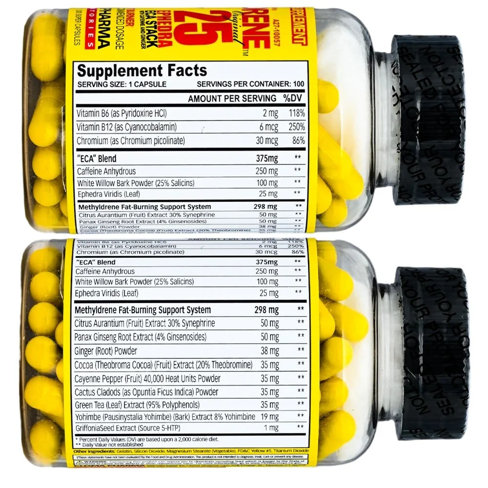 Methyldrene 25 ingredients panel with dosages Methyldrene 25 ingredients panel showing 250 mg caffeine anhydrous, 100 mg white willow, 25 mg ephedra, and 9 mg yohimbe extract per capsule