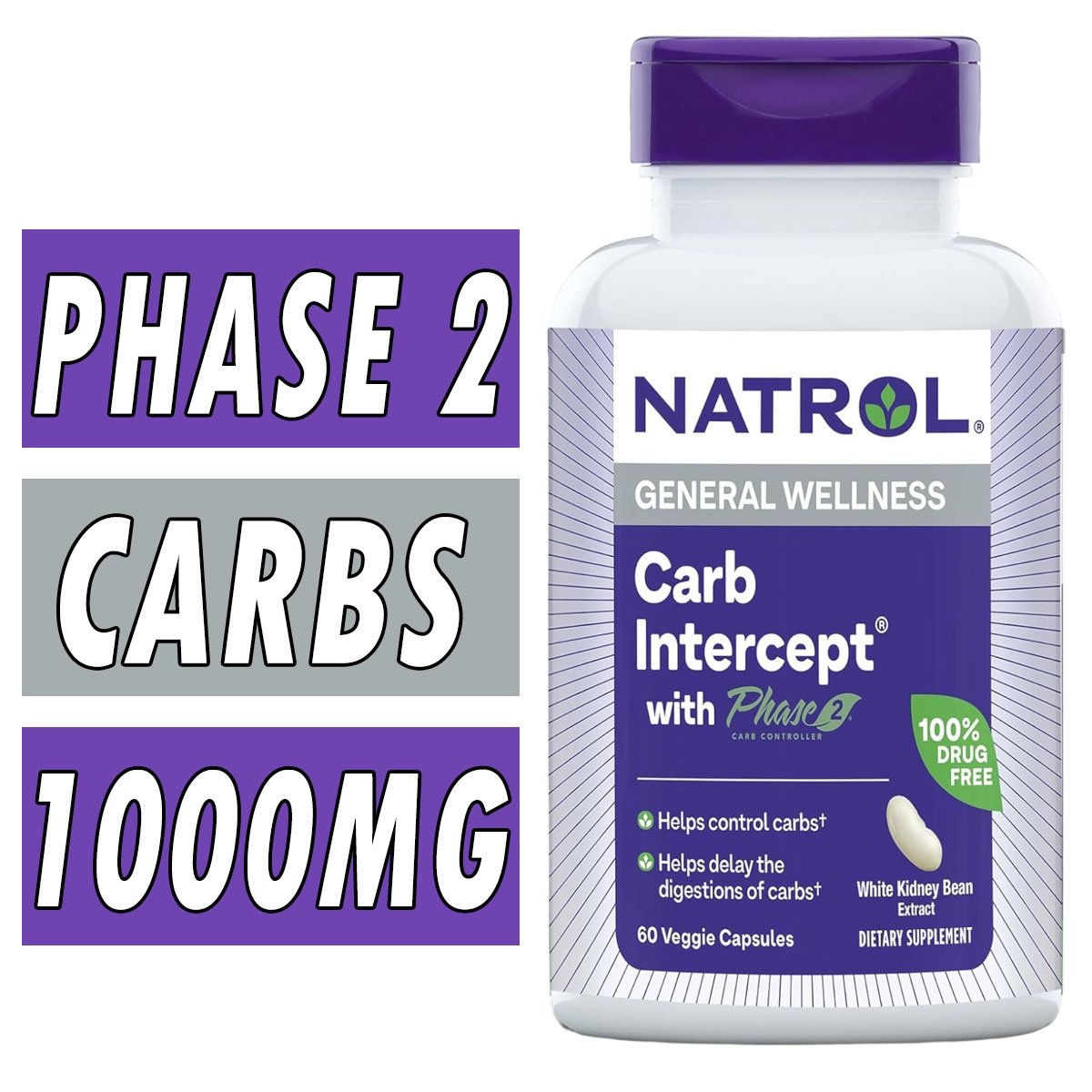 Natrol Carb Intercept with Phase 2 Carb Controller - 1000 mg - 60 Veg Caps Bottle Image