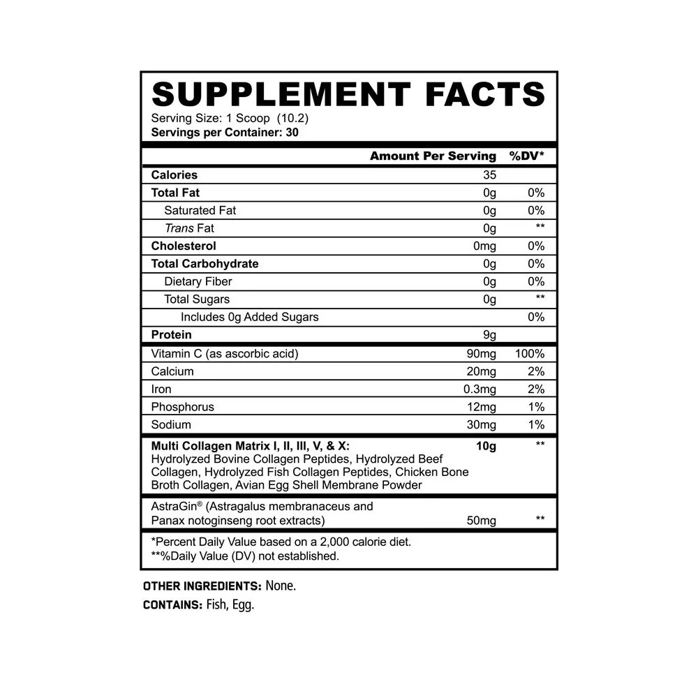 Panda Multi Collagen Peptides Supplement Facts panel showing 10 g Multi Collagen Matrix and 50 mg AstraGin per scoop Panda Multi Collagen Peptides Supplement Facts panel showing 10 g Multi Collagen Matrix and 50 mg AstraGin per scoop