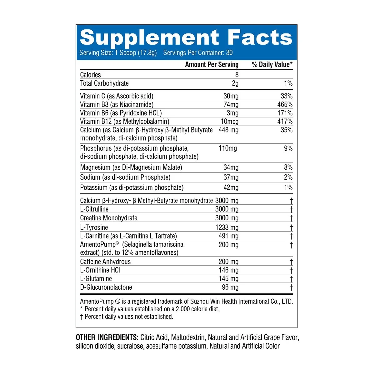 SuperPump Max 2026 Supplement Facts, fully disclosed dosages including HMB, citrulline, creatine, tyrosine, and caffeine SuperPump Max Supplement Facts panel showing 2026 fully disclosed formula with 3,000mg HMB, 3,000mg L-citrulline, 3,000mg creatine, and 200mg caffeine