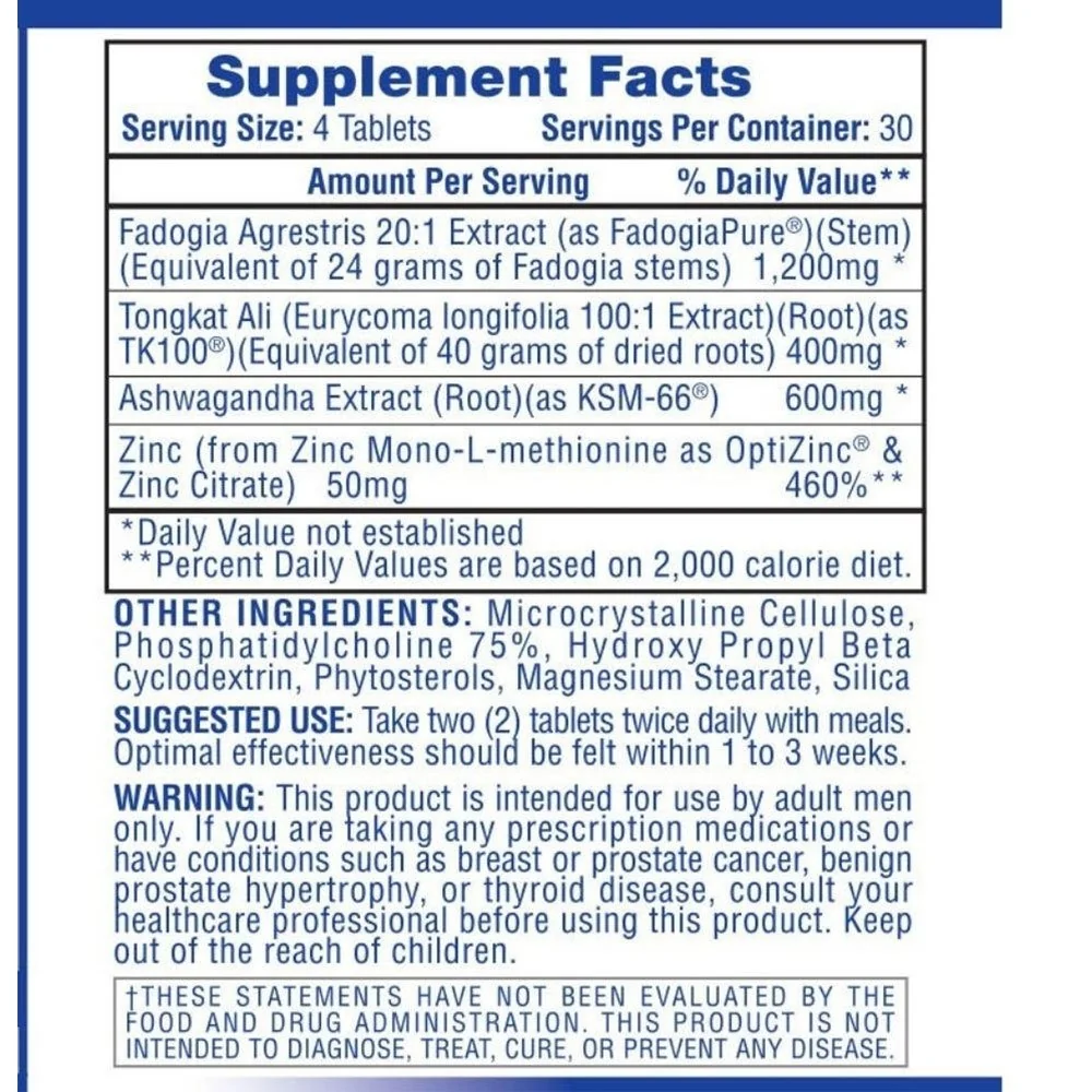 Testosterone 21 supplement facts panel with fadogia, tongkat, ashwagandha, and zinc Testosterone 21 supplement facts image showing fadogia 1200 mg, tongkat ali 400 mg, ashwagandha 600 mg, and zinc 50 mg per 4-tablet serving