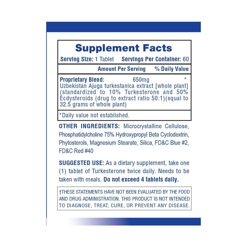 Turkesterone 650 supplement facts panel, 650 mg Ajuga turkestanica extract Turkesterone 650 supplement facts image showing 650 mg Ajuga turkestanica extract standardized to 10% turkesterone and 50% ecdysteroids