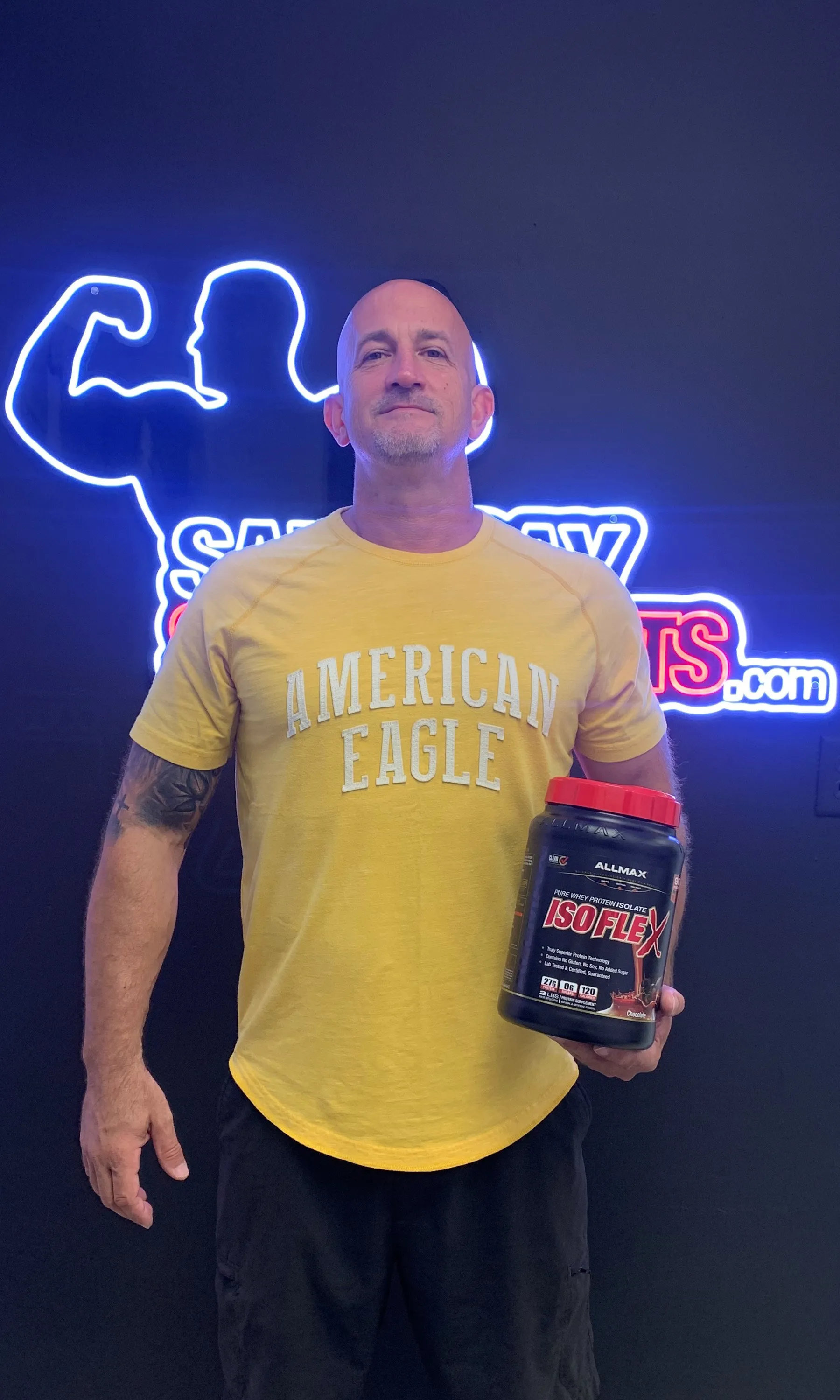 Customer showing Allmax ISOFLEX protein tub