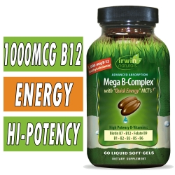 Irwin Naturals Mega B-Complex with Quick Energy MCT's - Advanced Absorption - 60 Liquid Softgels Bottle Image