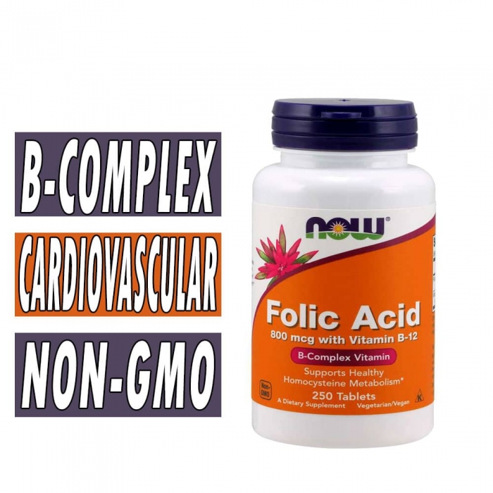NOW Folic Acid, 800 mcg with B12, 250 Tabs