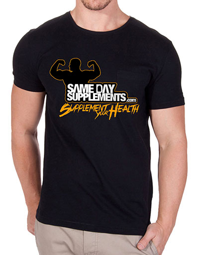 SameDaySupplements Black T-Shirt, With Orange Logo, Large
