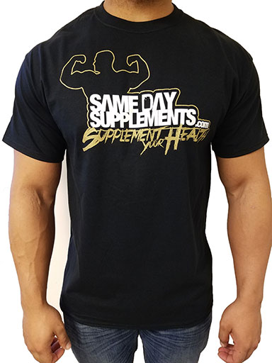 SameDaySupplements Black T-Shirt, With Gold Logo, Small