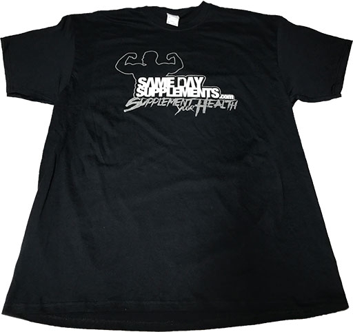 SameDaySupplements Black T-Shirt, With Silver Logo, Small
