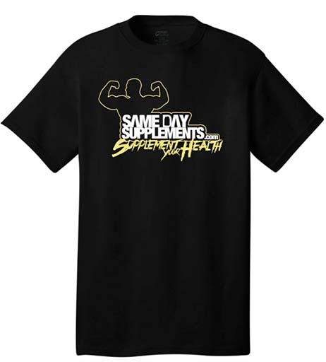 SameDaySupplements Black T-Shirt, With Yellow Logo, Small